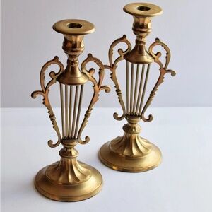 vintage brass harp candle sticks